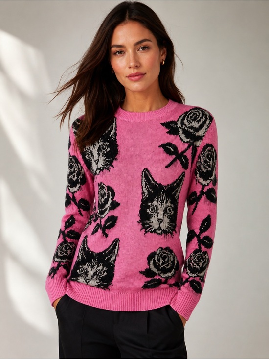 OXKnit Sweaters - New with Tag! Oxknit Women's Pink Cat & Rose Crewneck Sweater sz M